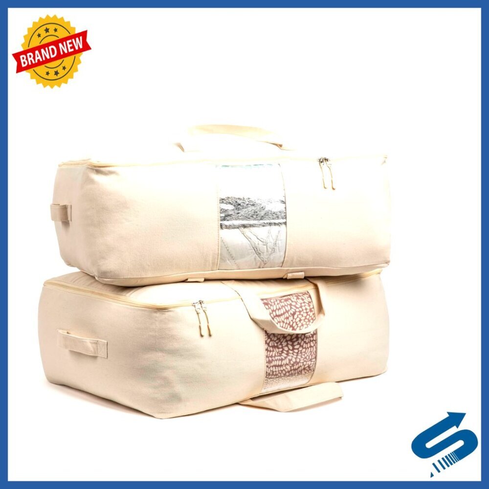 Large Canvas Storage Bags with Zipper, 2-Pack King Queen Comforter Organizer